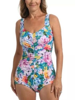 Maxine Of Hollywood Shirred Front Girl Leg Tummy Control One-Piece Swimsuit 16W